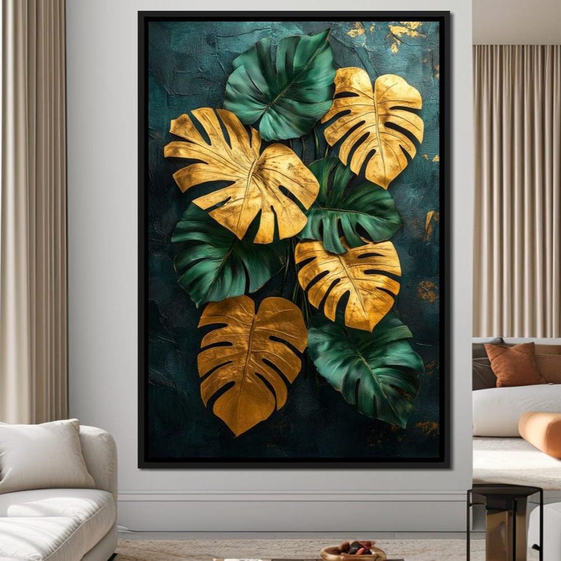 Golden Green Monstera Leaves Dark Botanical Elegant Modern Poster