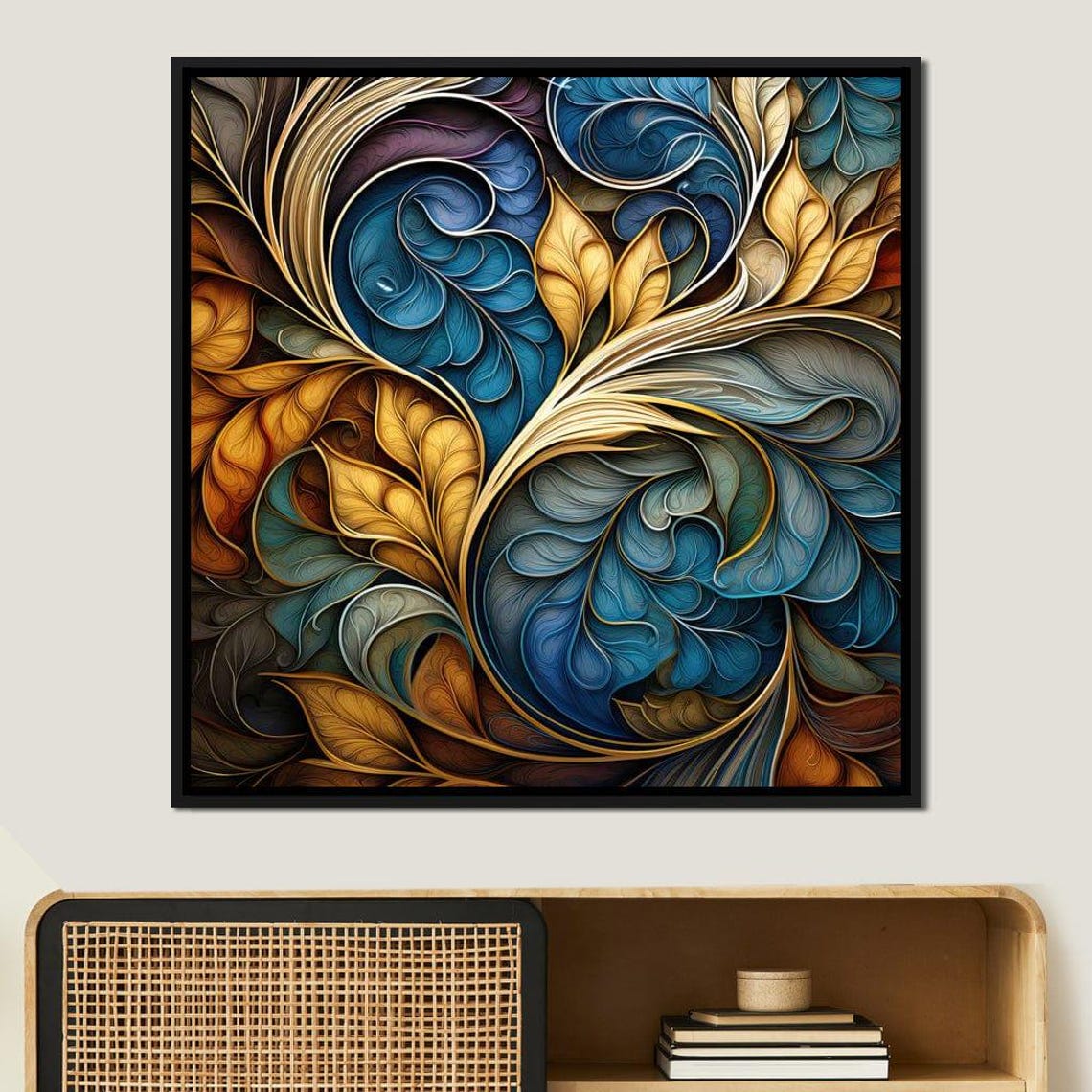 Blue Gold Swirling Leaf Fractal Pattern Abstract Modern Wall Art