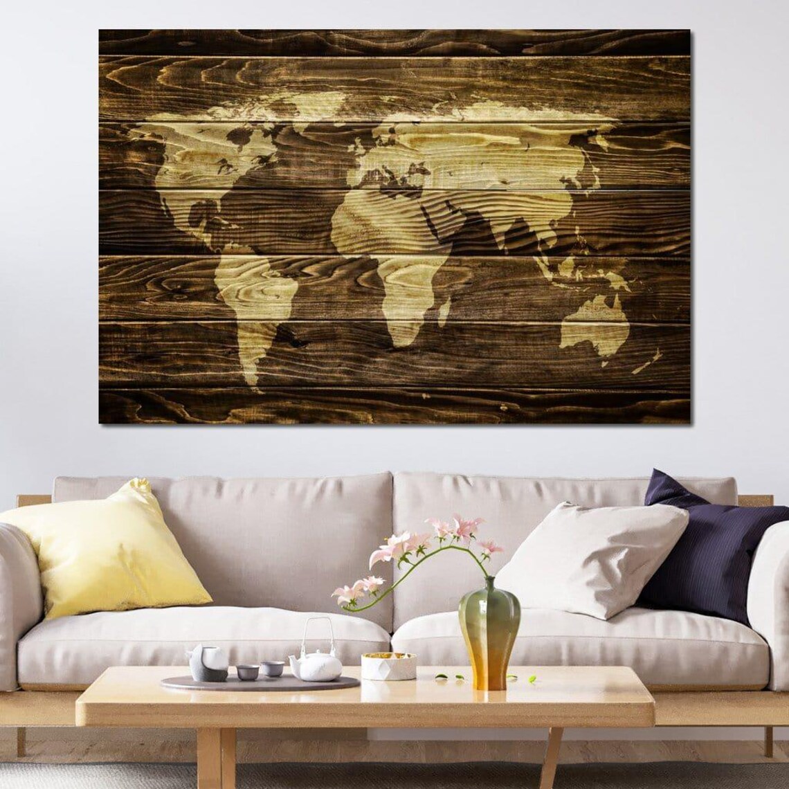 World Map on Oak Planks, Rustic Global Map Art - Image 4