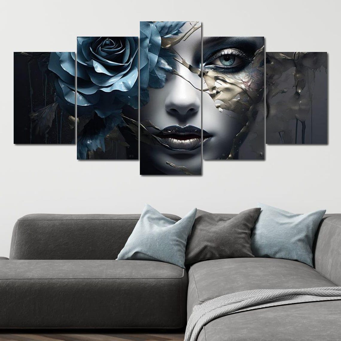 Metallic Blue Rose Gothic Woman Portrait Gold Cracked Art Print - Image 4