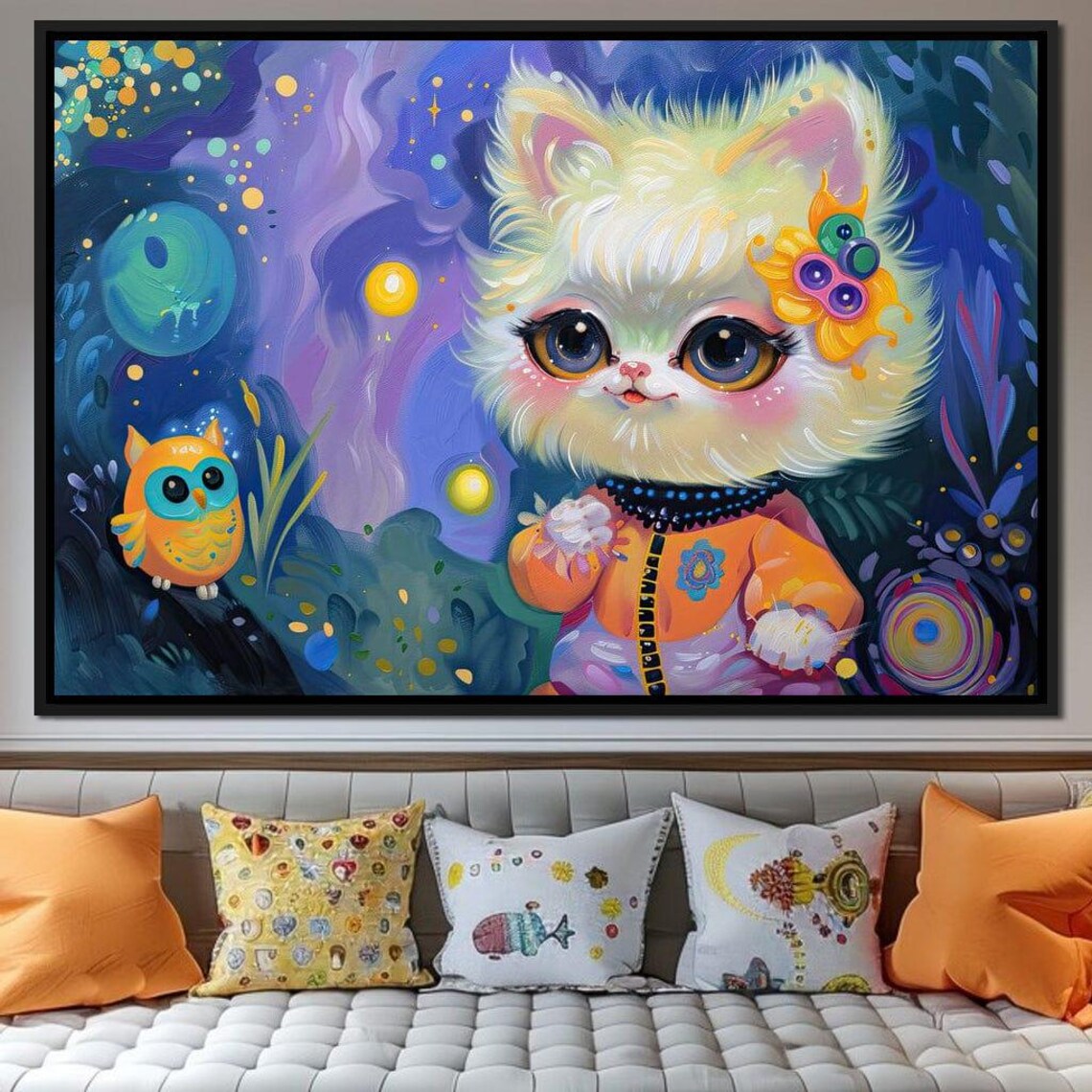 Cute White Kitten With Owl Under Starry Night Kids Room Art Poster - Image 3