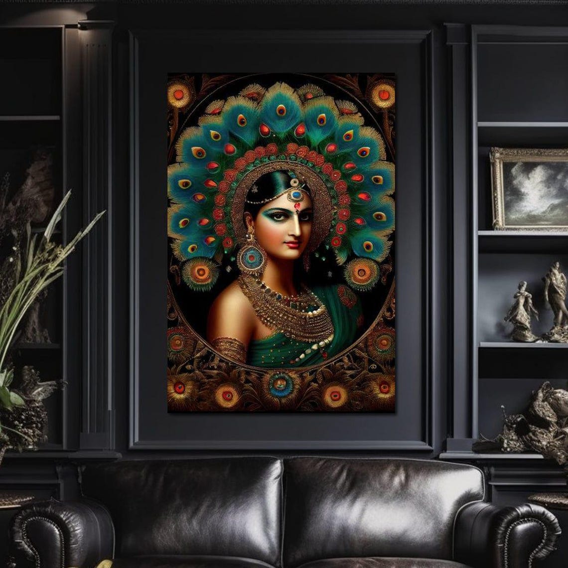 Radha Peacock Feather Headdress Green Sari Gold Jewelry Wall Art Print - Image 4