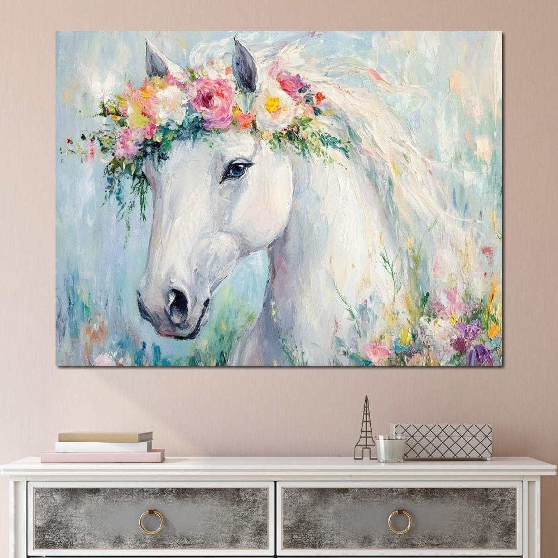 White Horse Floral Crown Pastel Impressionist Framed Equine Wall Art - Image 4