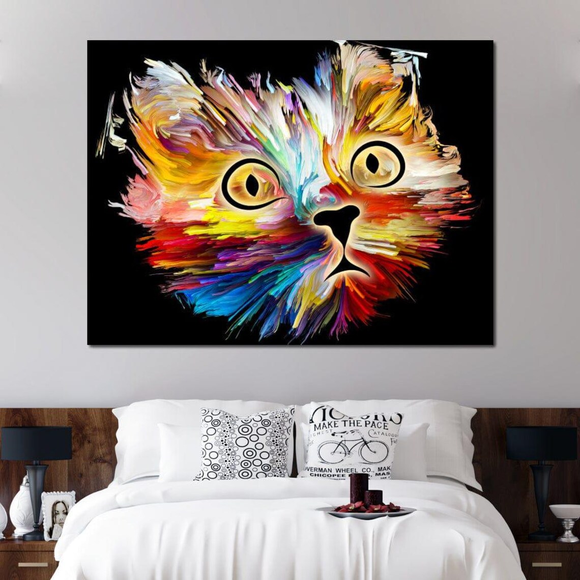 Rainbow Brushstroke Cat Face Black Background Colorful Whimsical Art Poster - Image 3
