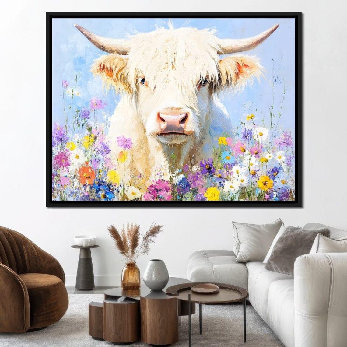 White Highland Cow Standing in a Colorful Wildflower Meadow Poster - Image 2