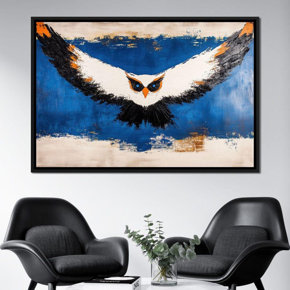 White Owl Diving With Spread Wings Cobalt Blue Abstract Art Poster - Image 2