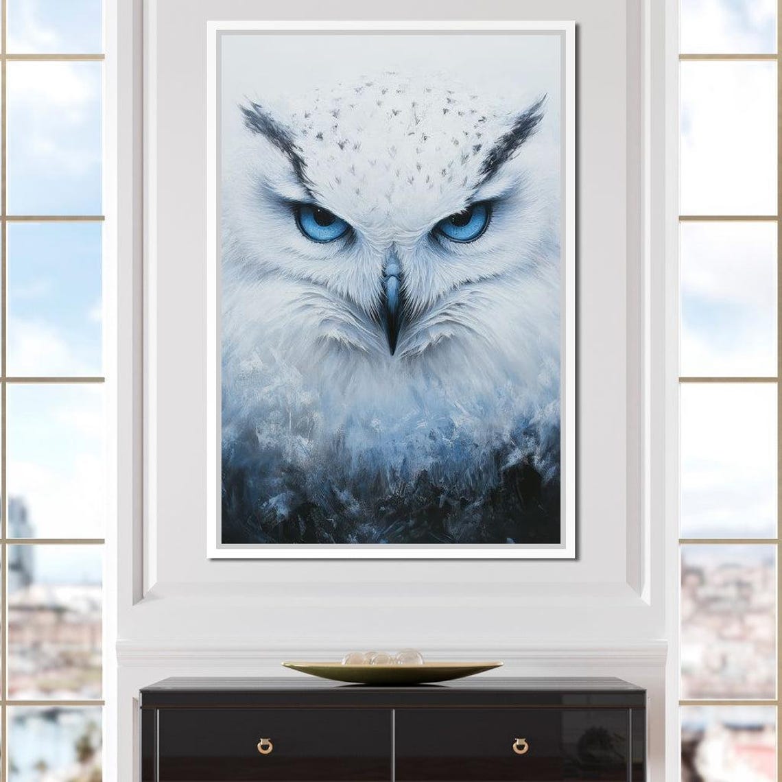 White Owl With Piercing Blue Eyes Winter Wildlife Portrait Poster - Image 2