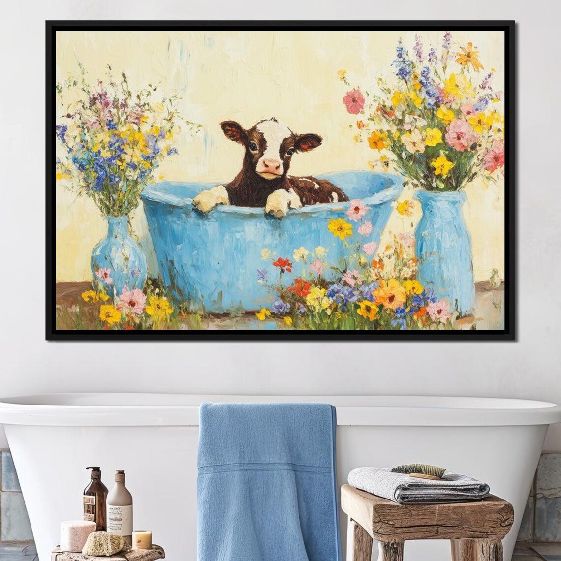 Calf In Blue Tub Wildflower Vases Whimsical Farmhouse Wall Art Poster - Image 4