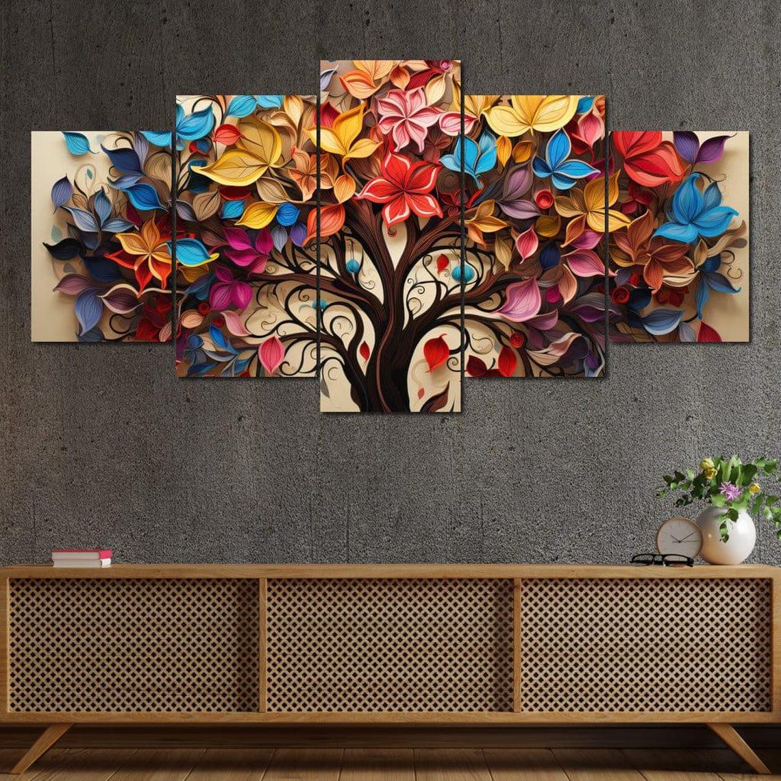 Colorful Tree of Life Four Seasons Leaves Multi Panel Art Poster