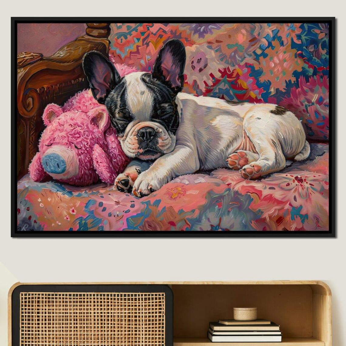 Sleeping French Bulldog Puppy Pink Pig Toy Cozy Oil Painting Wall Art - Image 4