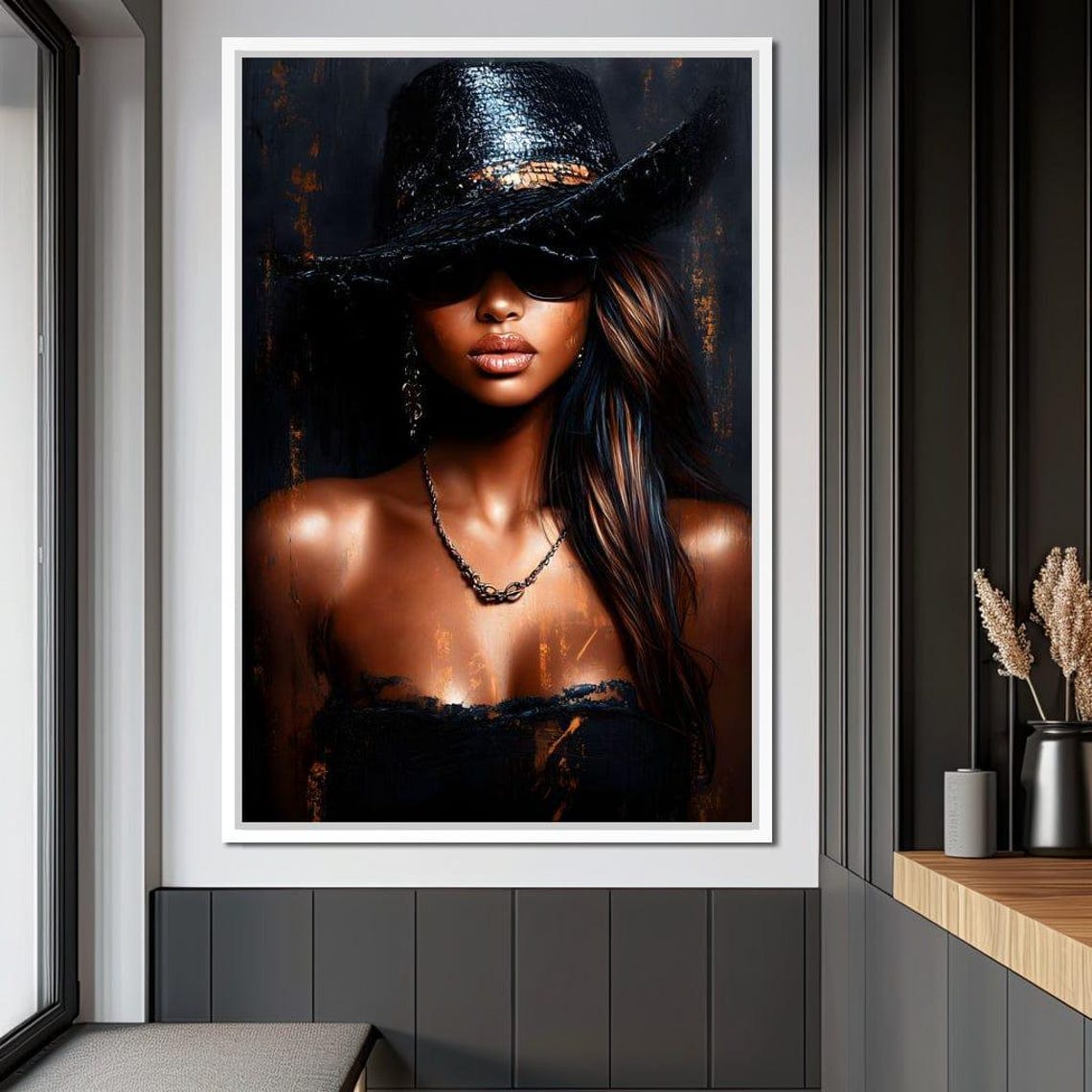 Mystery Woman Black Wide Brim Hat Sunglasses Chic Portrait Wall Poster - Image 3