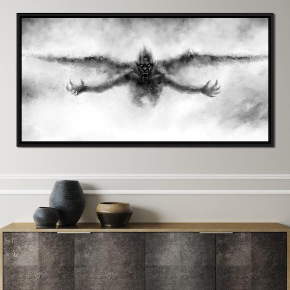 Dark Winged Demon Rising Mist Gothic Black White Horror Fantasy Poster