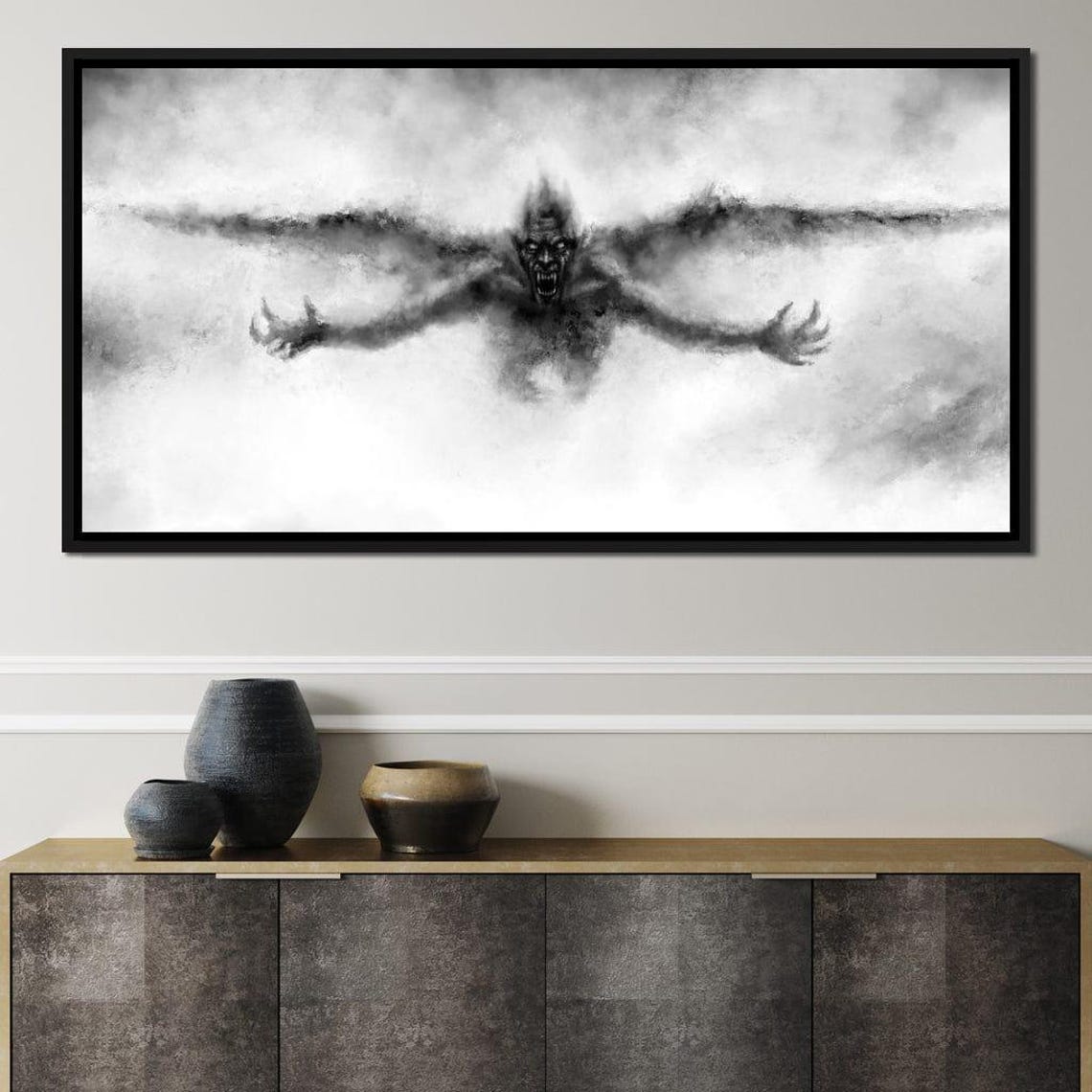 Dark Winged Demon Rising Mist Gothic Black White Horror Fantasy Poster