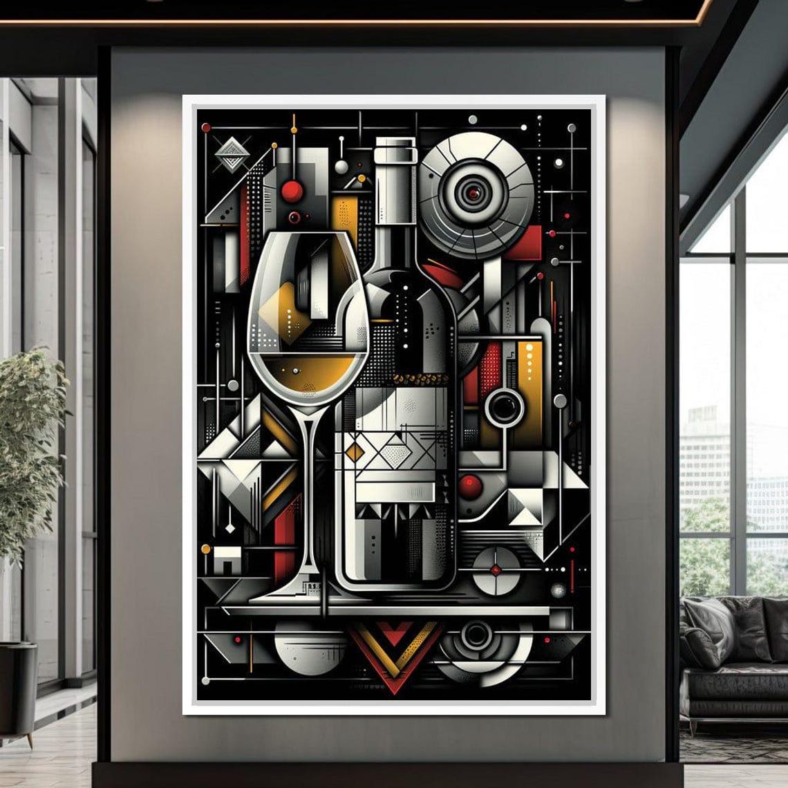Eclectic Wine Composition Geometric Wine Art Modern Home Decor Bold Abstract Wall Art Wine Lover Gift Black Yellow By Nichecanvas - Image 4