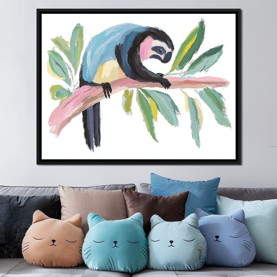 Pastel Sloth Hanging On A Branch With Soft Tropical Leaves Art Print - Image 2