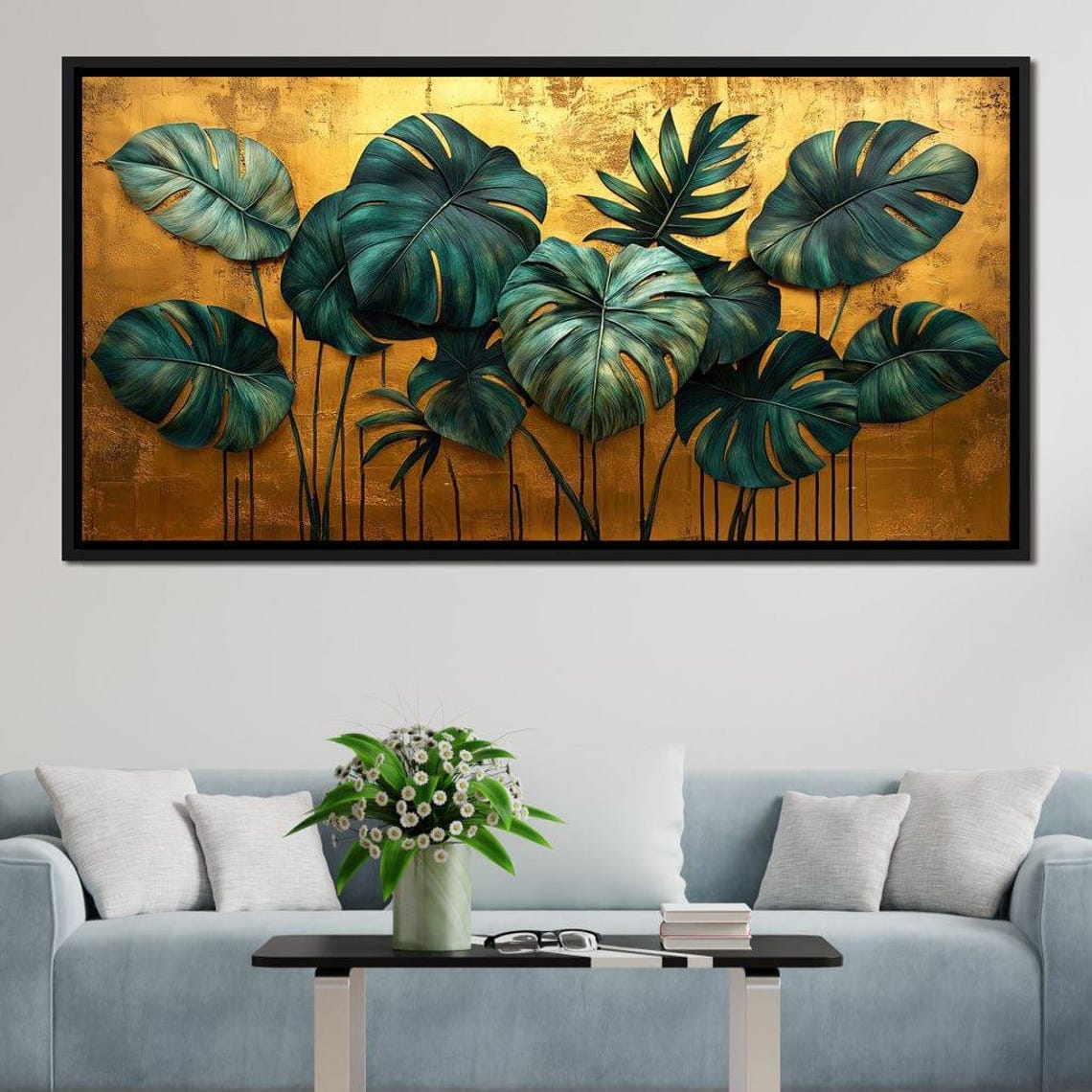 Emerald Monstera Leaves Gold Textured Background Botanical Wall Art - Image 3
