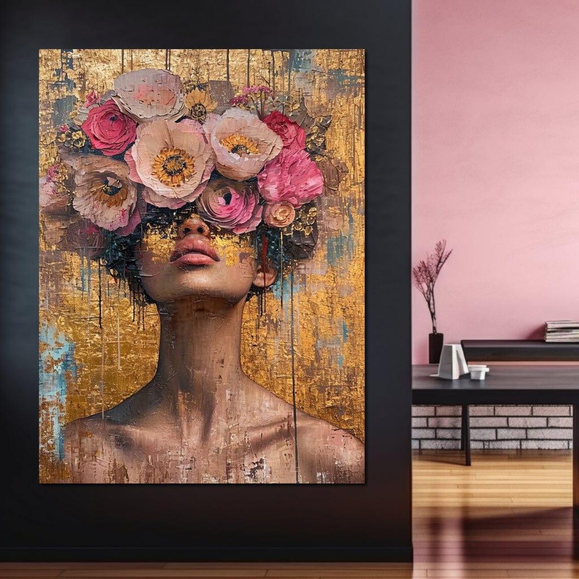 Golden Petals Floral Portrait, Modern Art Print - Image 2