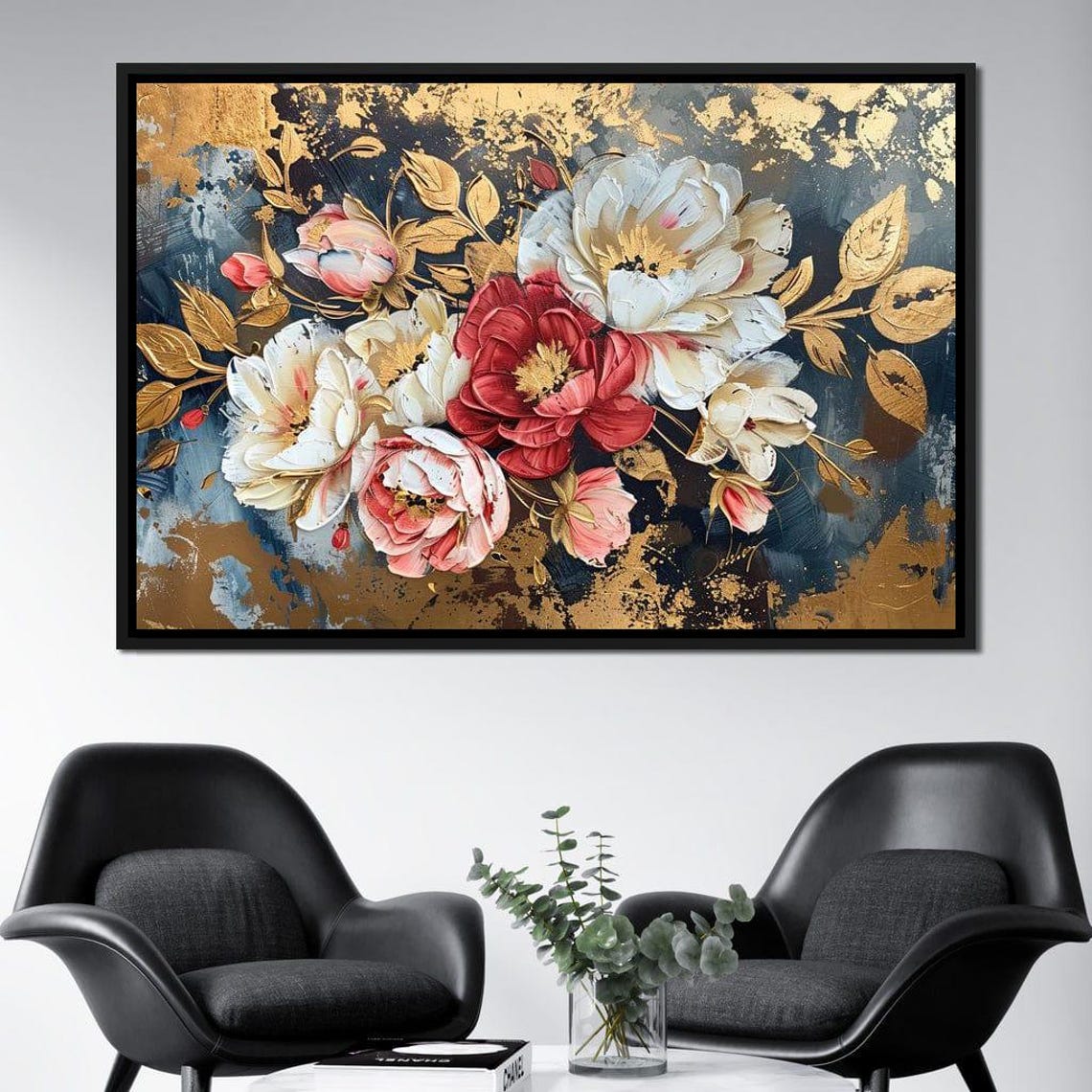 Red White Pink Peonies Gold Leaf Navy Luxury Botanical Print - Image 2