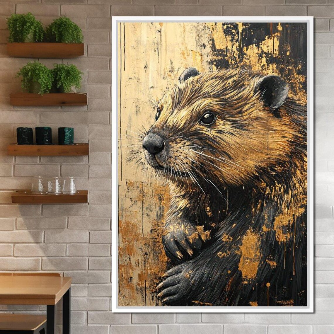 Golden Beaver Portrait Black Gold Textured Wildlife Painting Art Poster - Image 2
