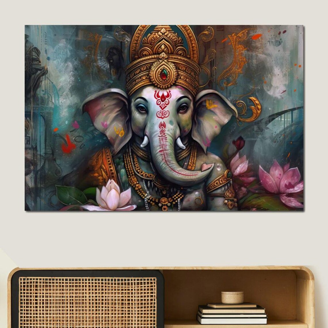 Lord Ganesha Golden Crown Pink Lotus Teal Abstract Spiritual Poster - Image 4