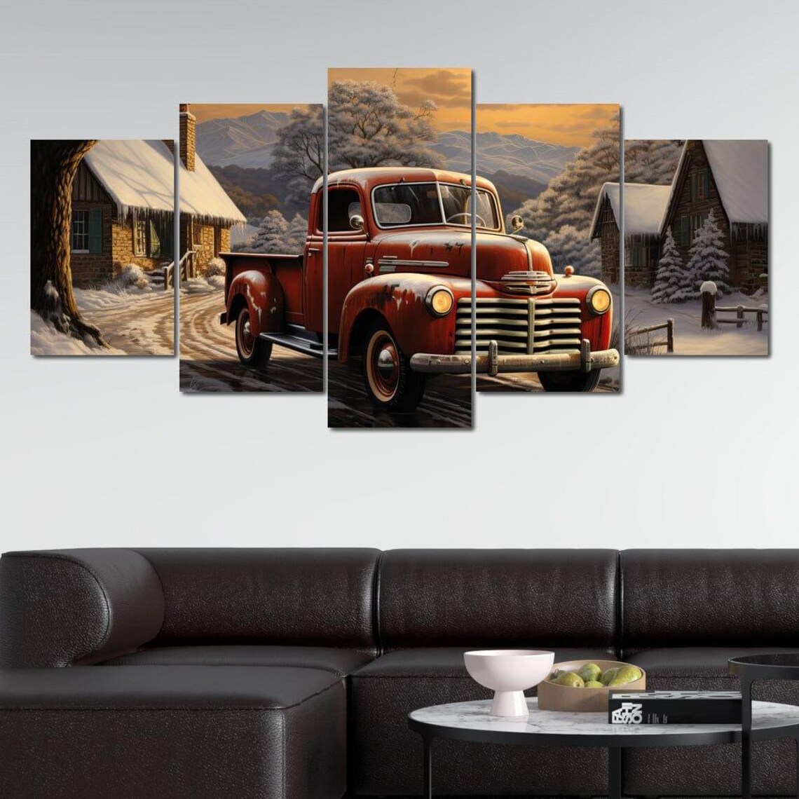 Red Vintage Pickup Truck Snowy Village Sunset Winter Scene Art Print - Image 4