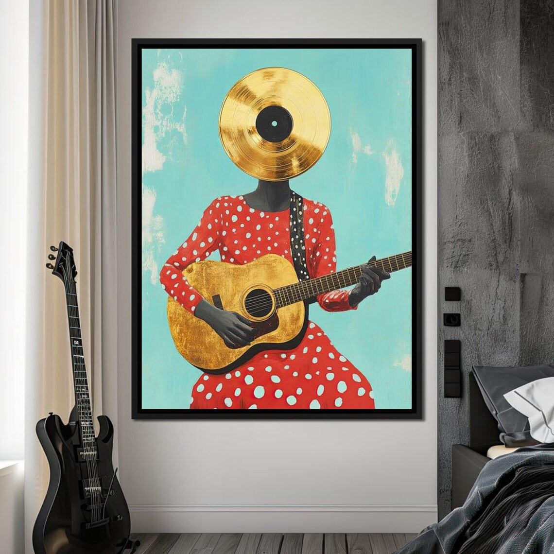 Gold Vinyl Record Head Guitar Player Retro Jazz Surreal Music Art Poster - Image 3