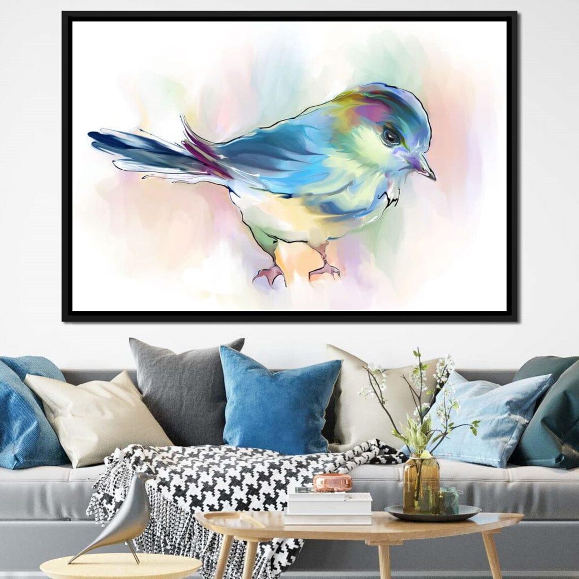 Watercolor Songbird Blue Green Pastel Bird Lover Nature Wall Art