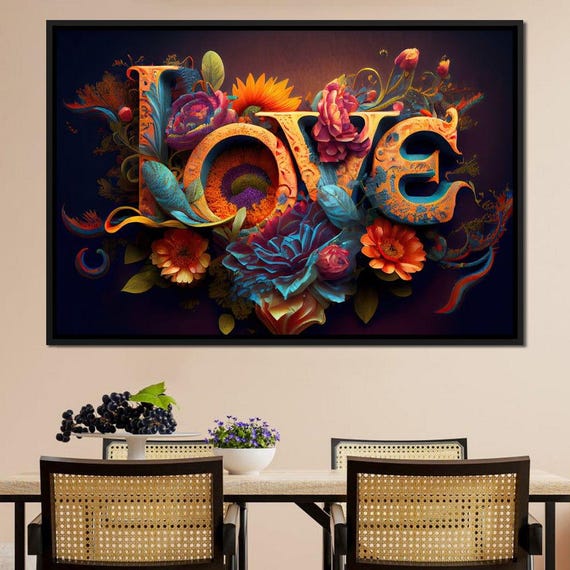I Love You Romantic Floral Wall Art Bold Colors Typographic Art Unique Valentines Day Gift By Nichecanvas