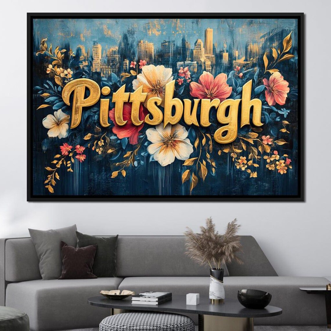 Pittsburgh Floral Gold Lettering Skyline Botanical Night Art Poster - Image 3