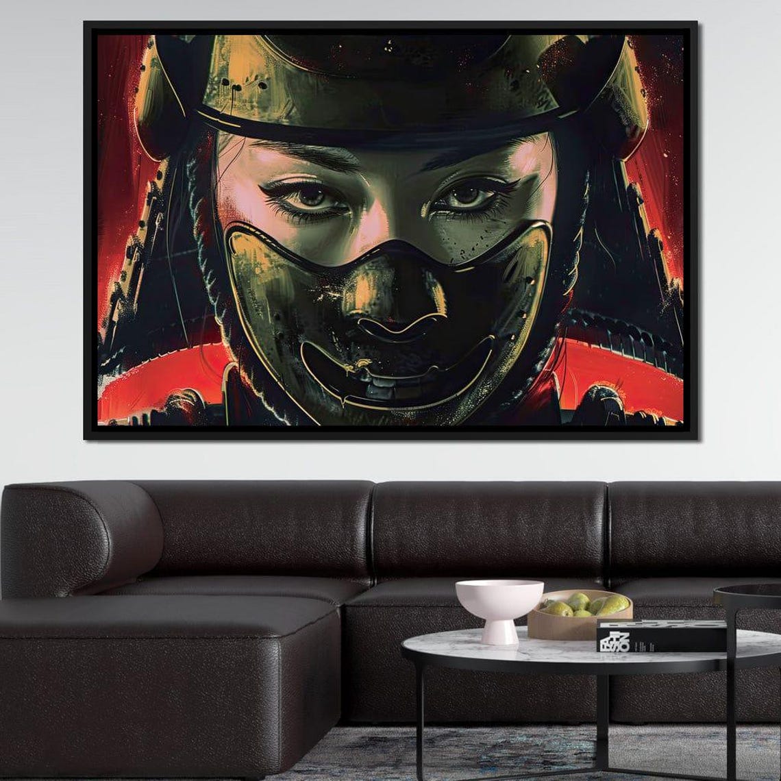 Female Samurai Warrior Helmet Mask Red Background Japanese Art Print - Image 3