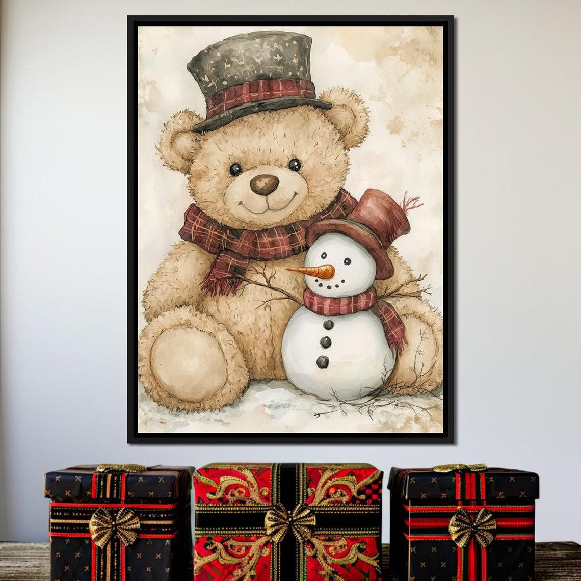 Teddy Bear And Snowman Wearing Winter Hats Vintage Xmas Poster - Image 4