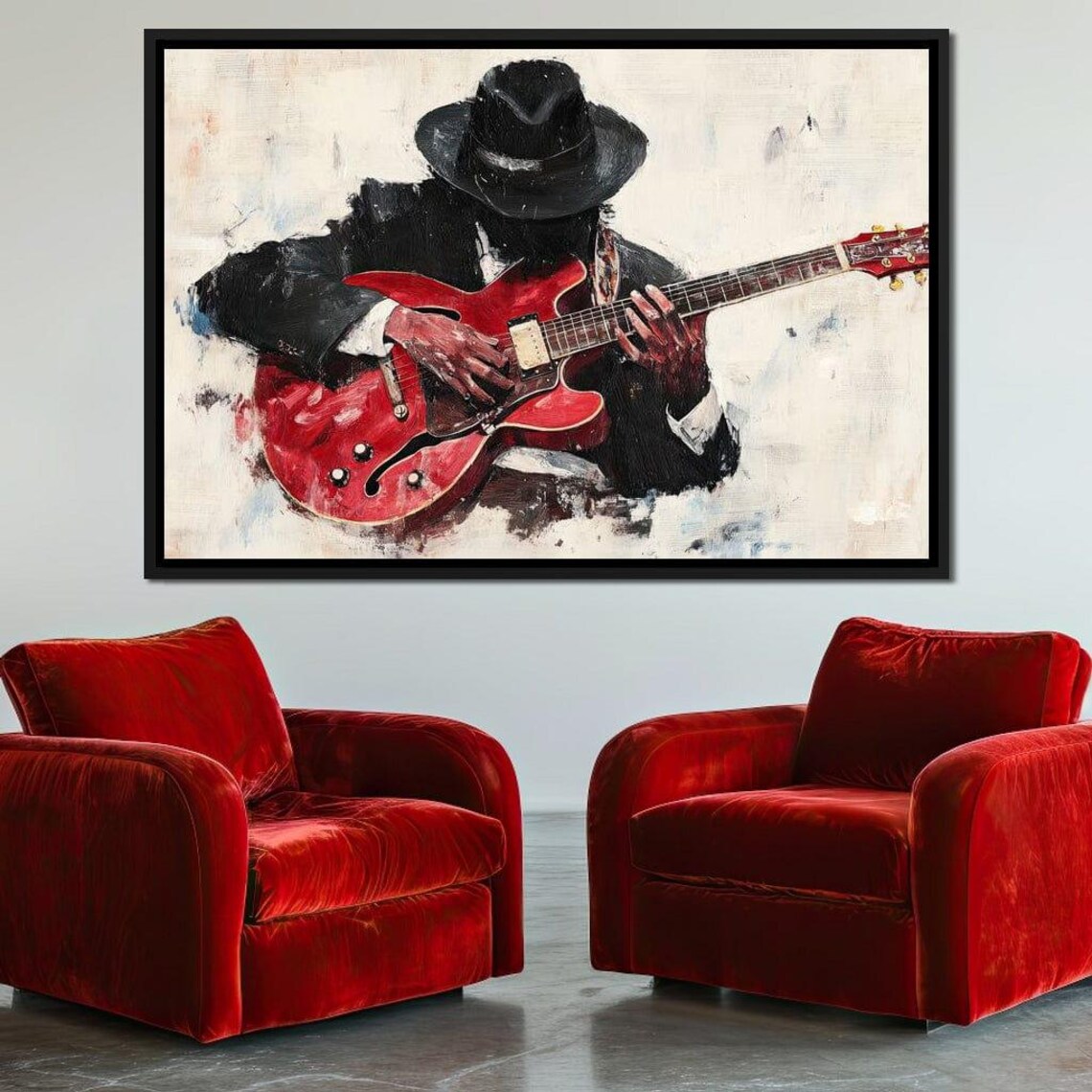 Soulful Blues Guitarist In Fedora Playing Red Guitar Jazz Poster - Image 2