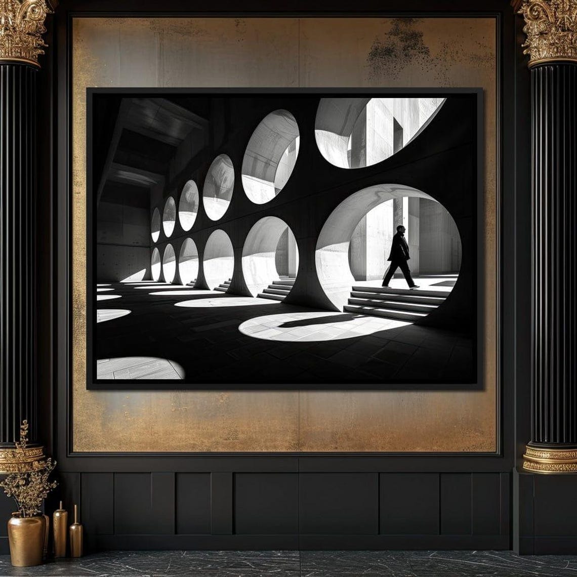 Round Window Arch Light Pools Dark Hall Minimalist Architecture Poster - Image 3
