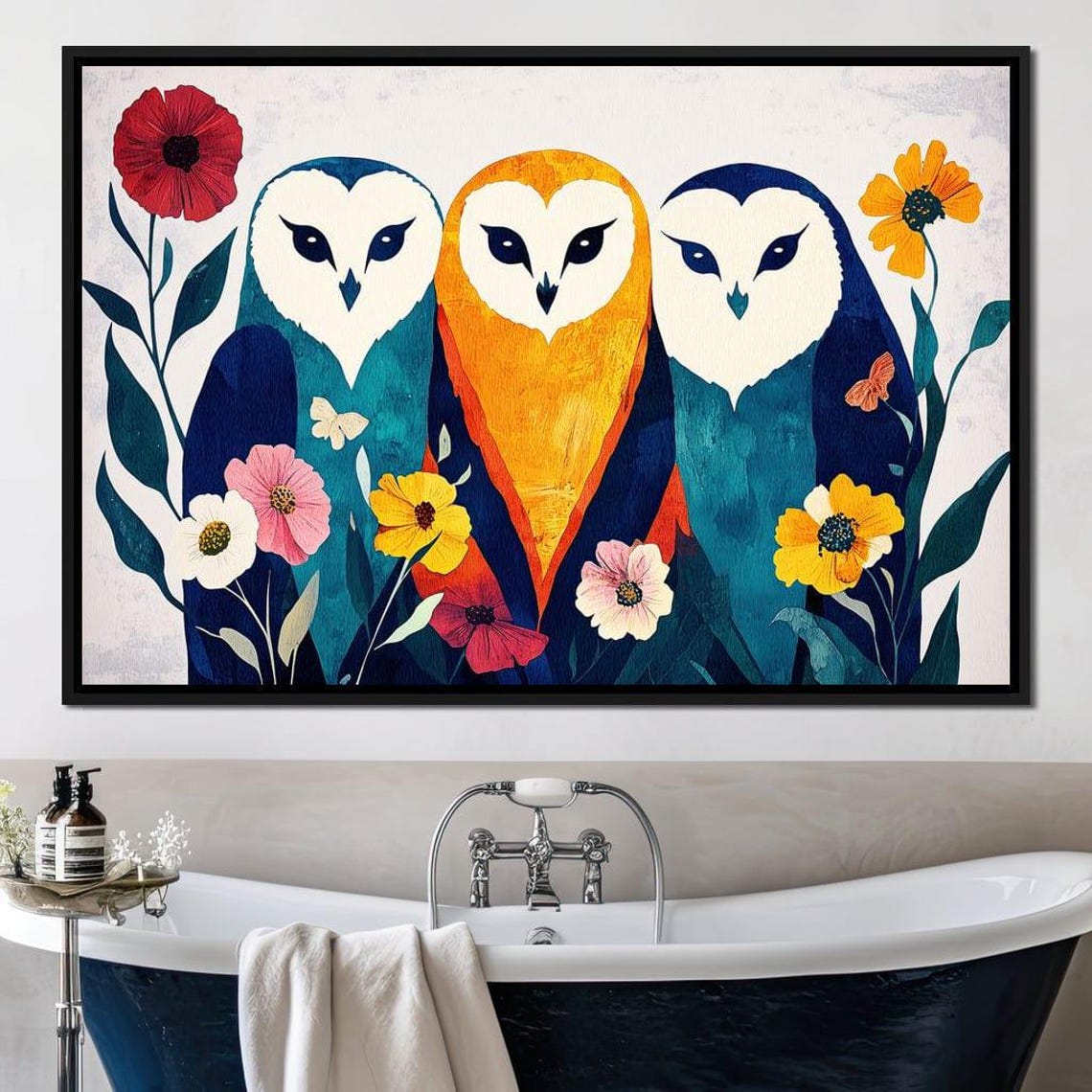 Three Colorful Barn Owls With Flowers Whimsical Wildlife Art Poster - Image 3