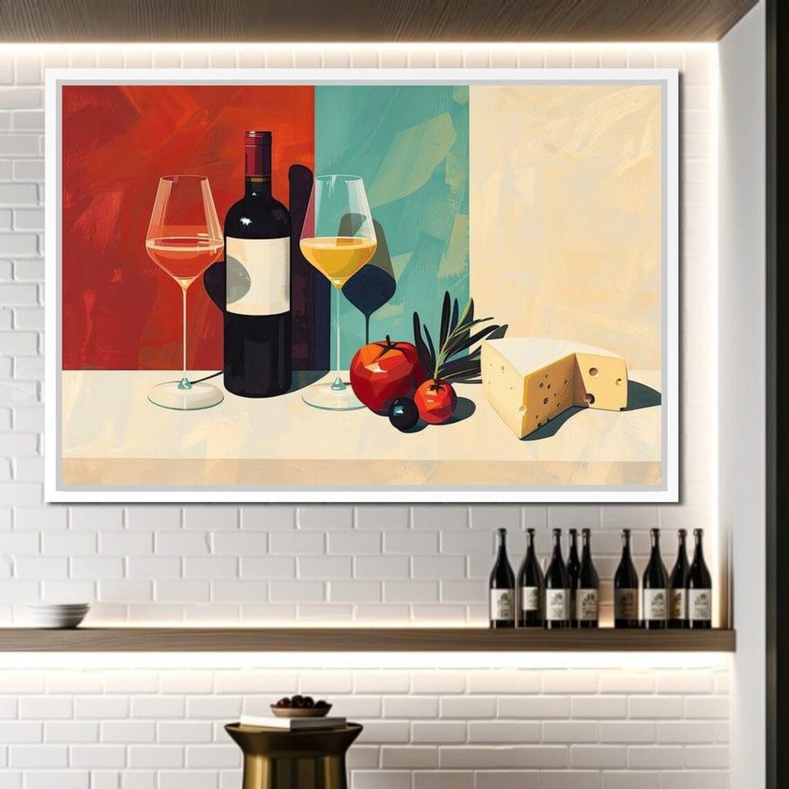 Elegant Red White Wine Glasses Bottle Still Life Vibrant Kitchen Art Poster - Image 3