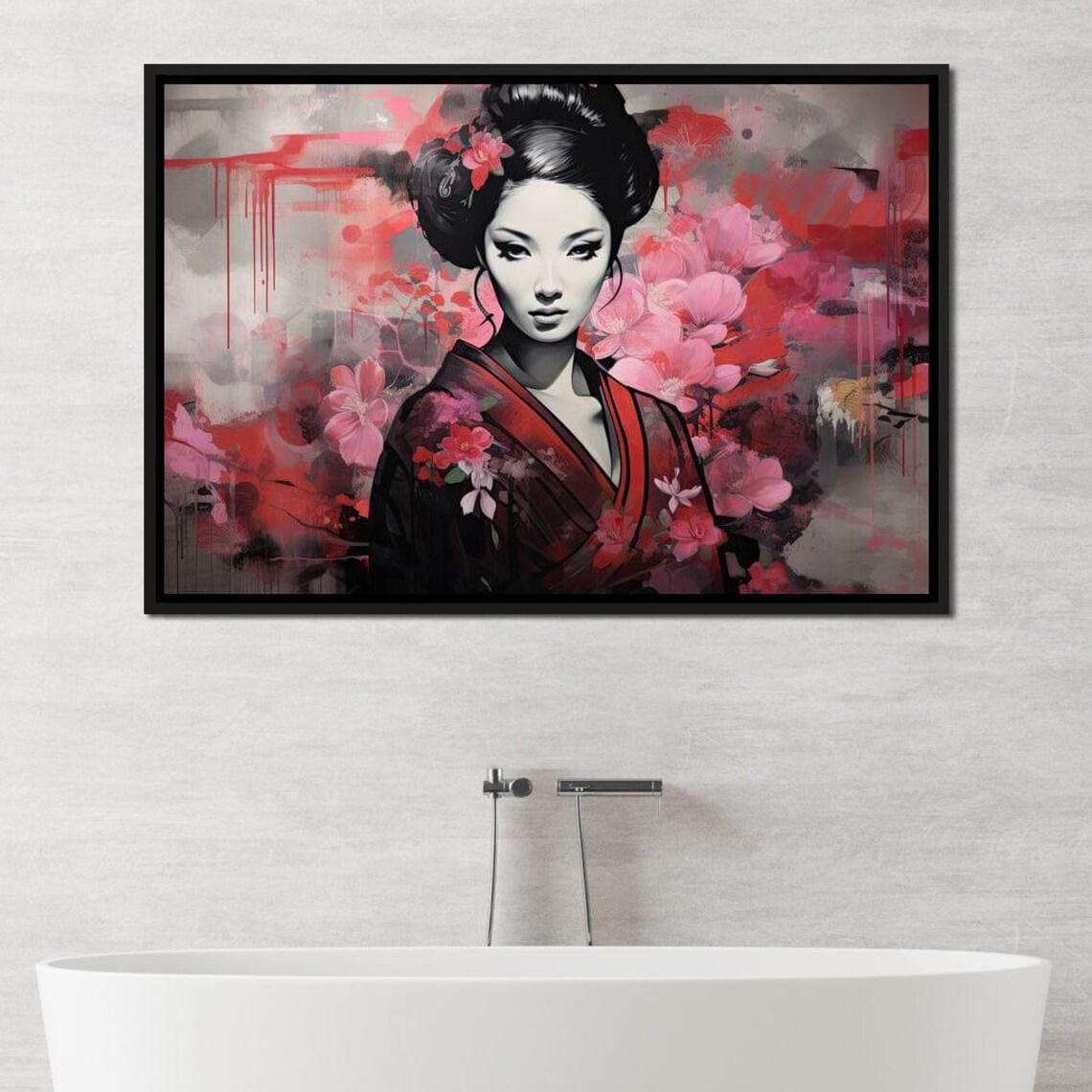 Geisha Cherry Blossom Crimson Kimono Night Floral Fantasy Wall Art - Image 3