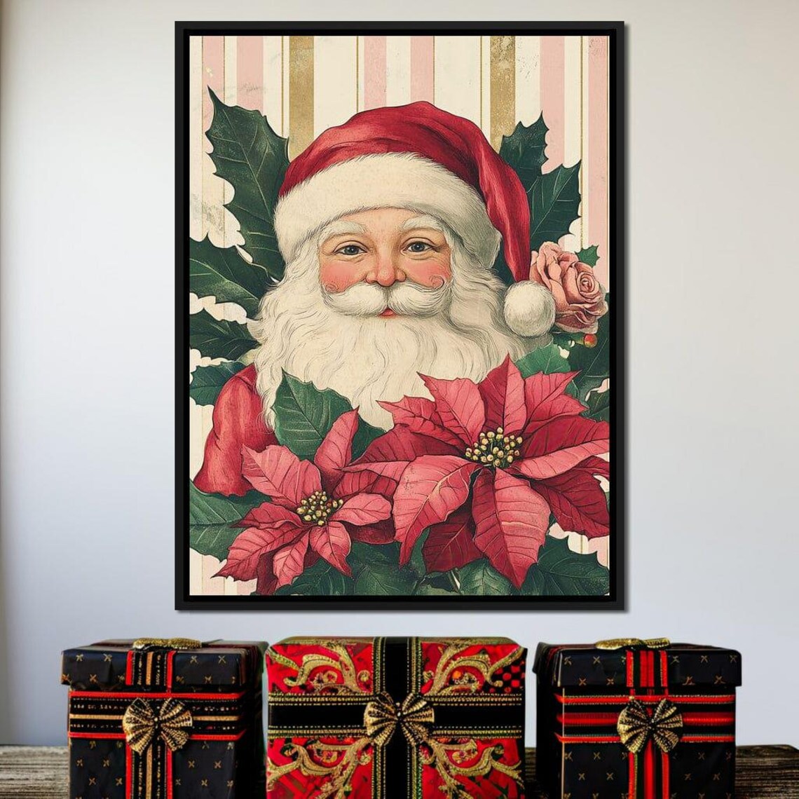 Vintage Santa With Poinsettia And Holly Leaves Classic Xmas Poster