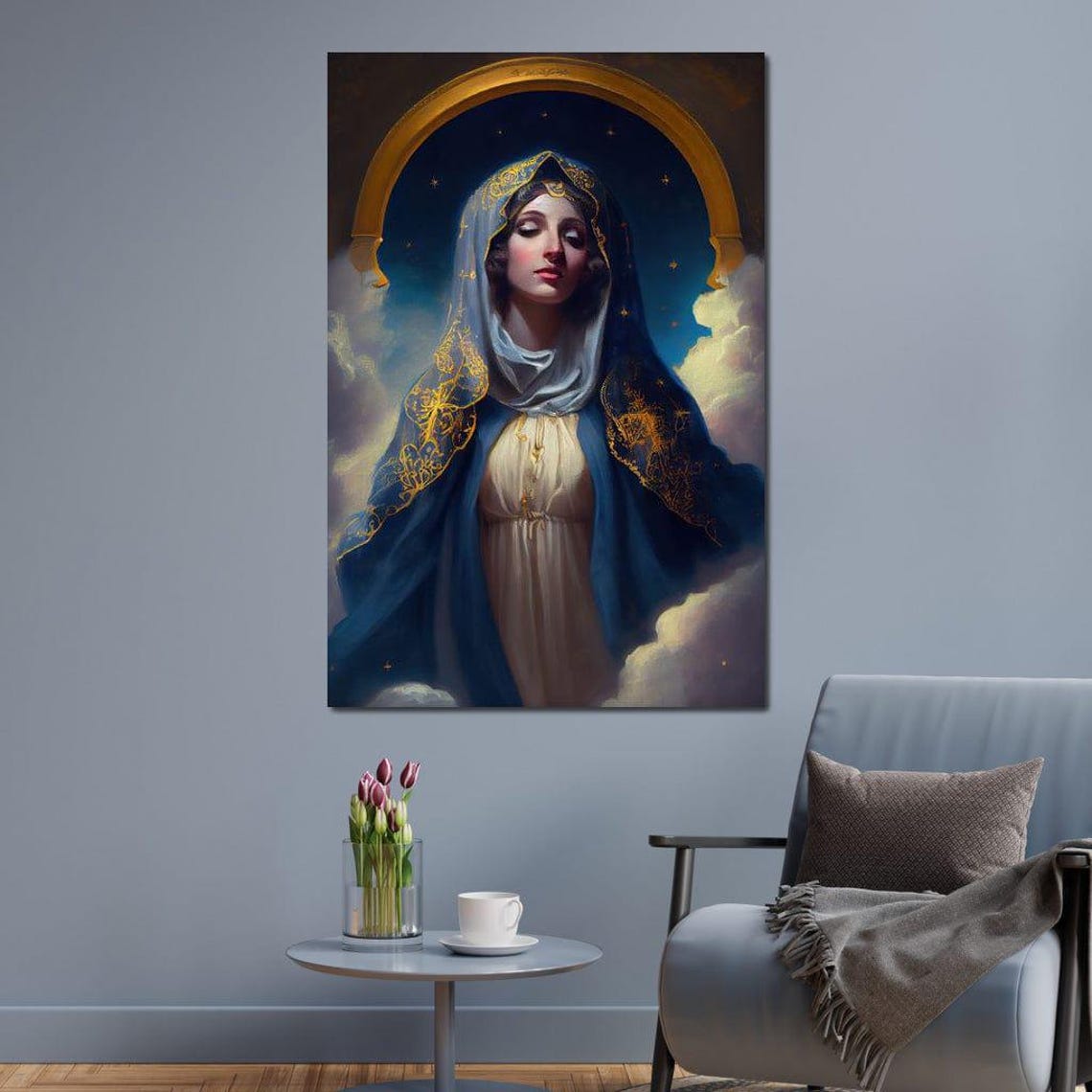 Virgin Mary Blue Mantle Golden Halo Clouds Heavenly Religious Wall Art - Image 2
