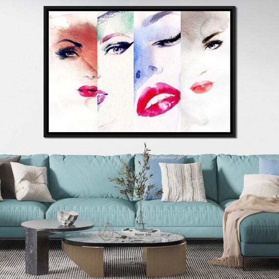 Four Women Faces Watercolor Red Lips Pop Art Makeup Portrait Collage Poster