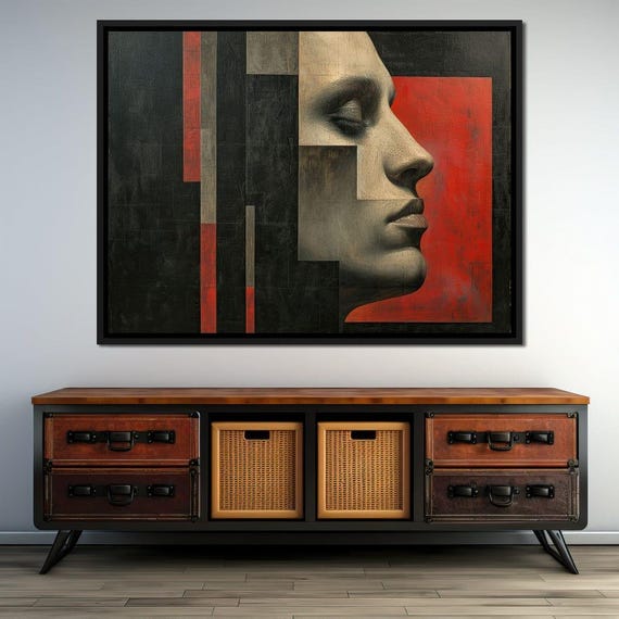 Fragmented Serenity Contrast Abstract Modern Portrait Red Black Geometric Art Minimalist Decor Visual Harmony By Nichecanvas