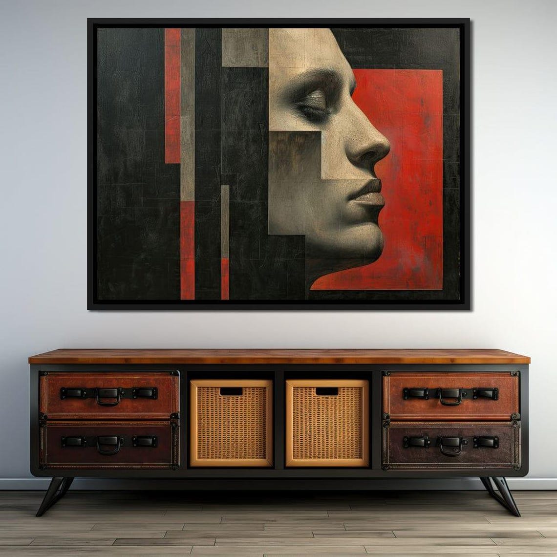 Fragmented Serenity Contrast Abstract Modern Portrait Red Black Geometric Art Minimalist Decor Visual Harmony By Nichecanvas