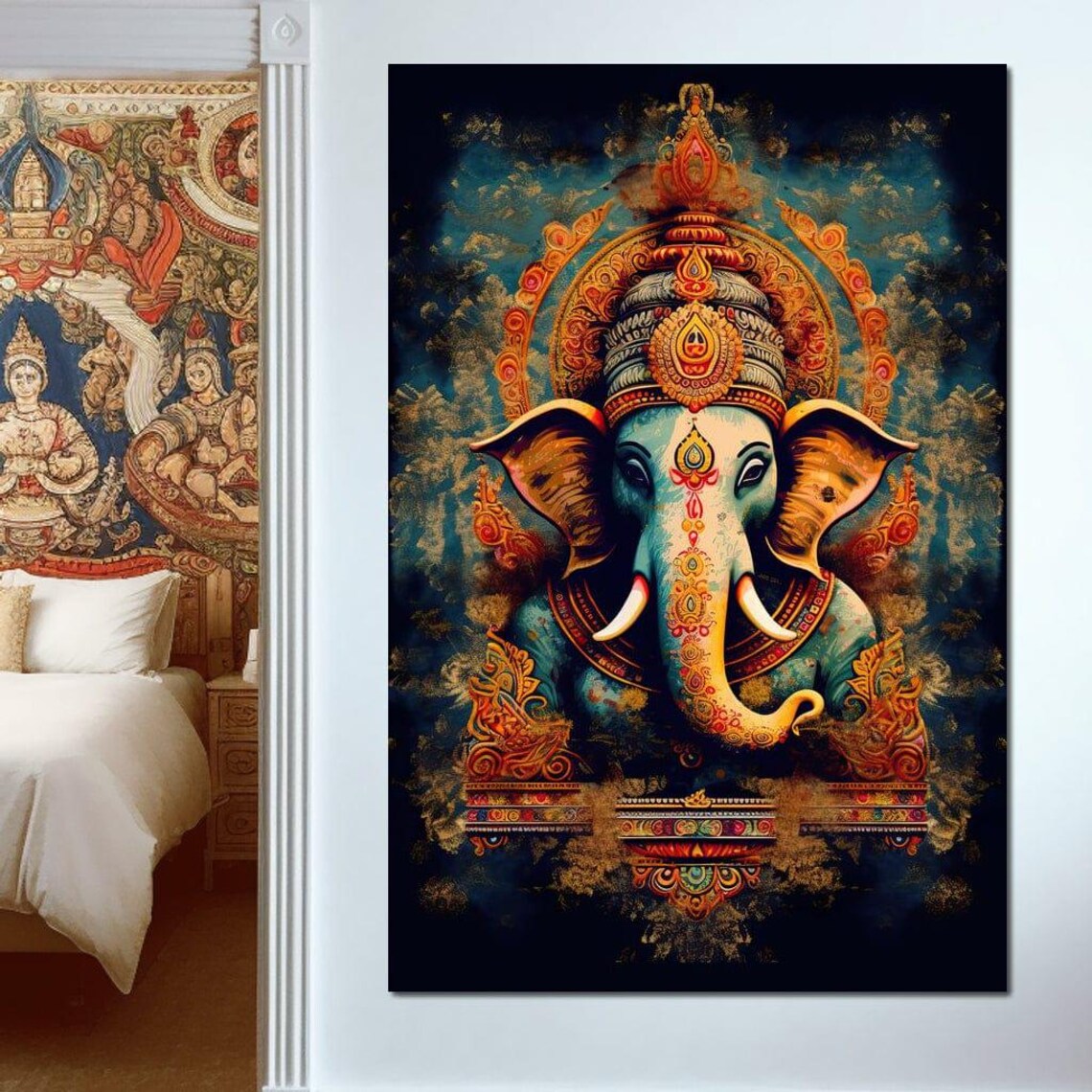 Tranquil Ganesha Golden Crown Teal Cosmic Hindu Deity Poster - Image 3