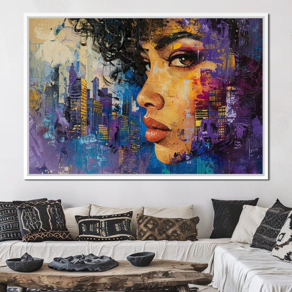 Night City Skyline Woman Profile Purple Blue Wall Art Poster - Image 4