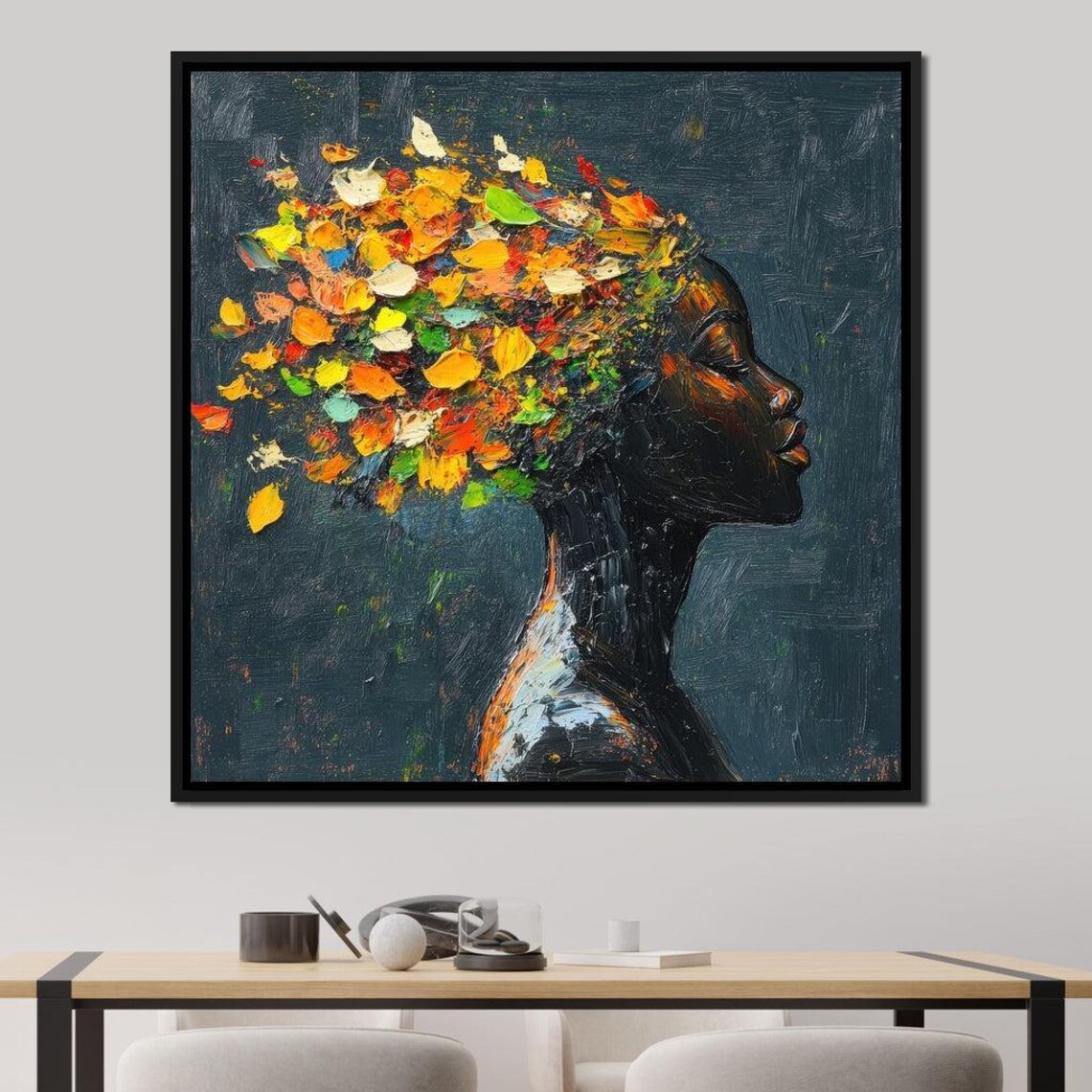 Elegant Woman With Golden Autumn Leaves Afro Impasto Portrait Poster - Image 2