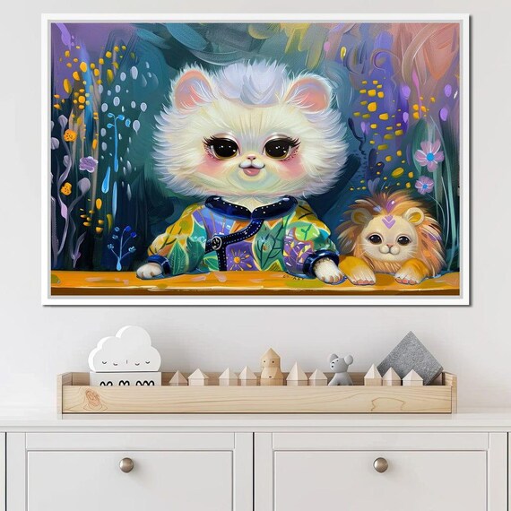 Whimsical Fluffy White Cat And Lion Cub Colorful Kids Room Art Print