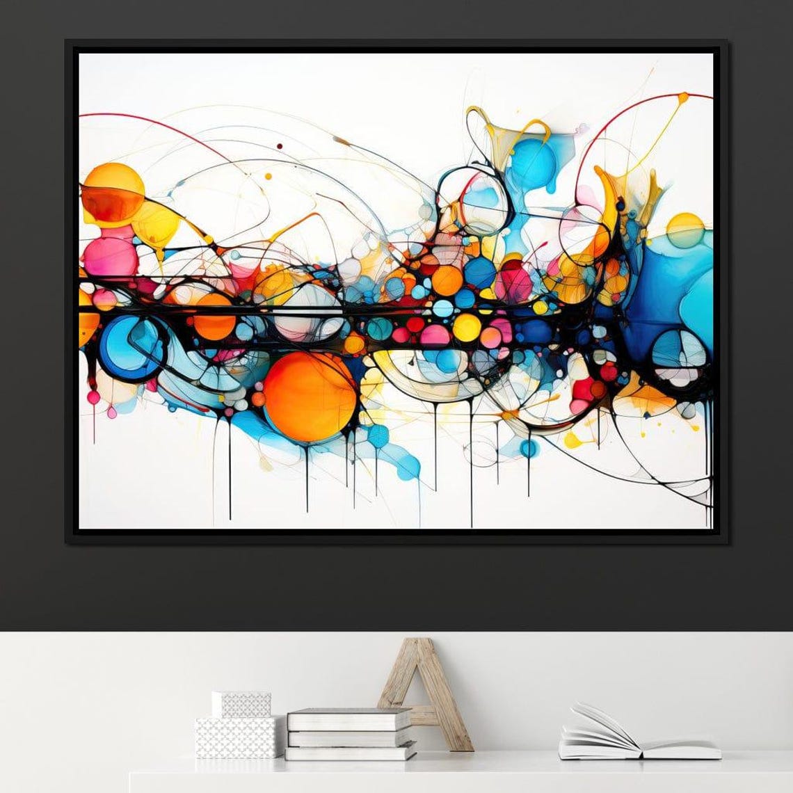 Multicolor Ink Circles Lines Symmetric Framed Abstract Wall Art - Image 4