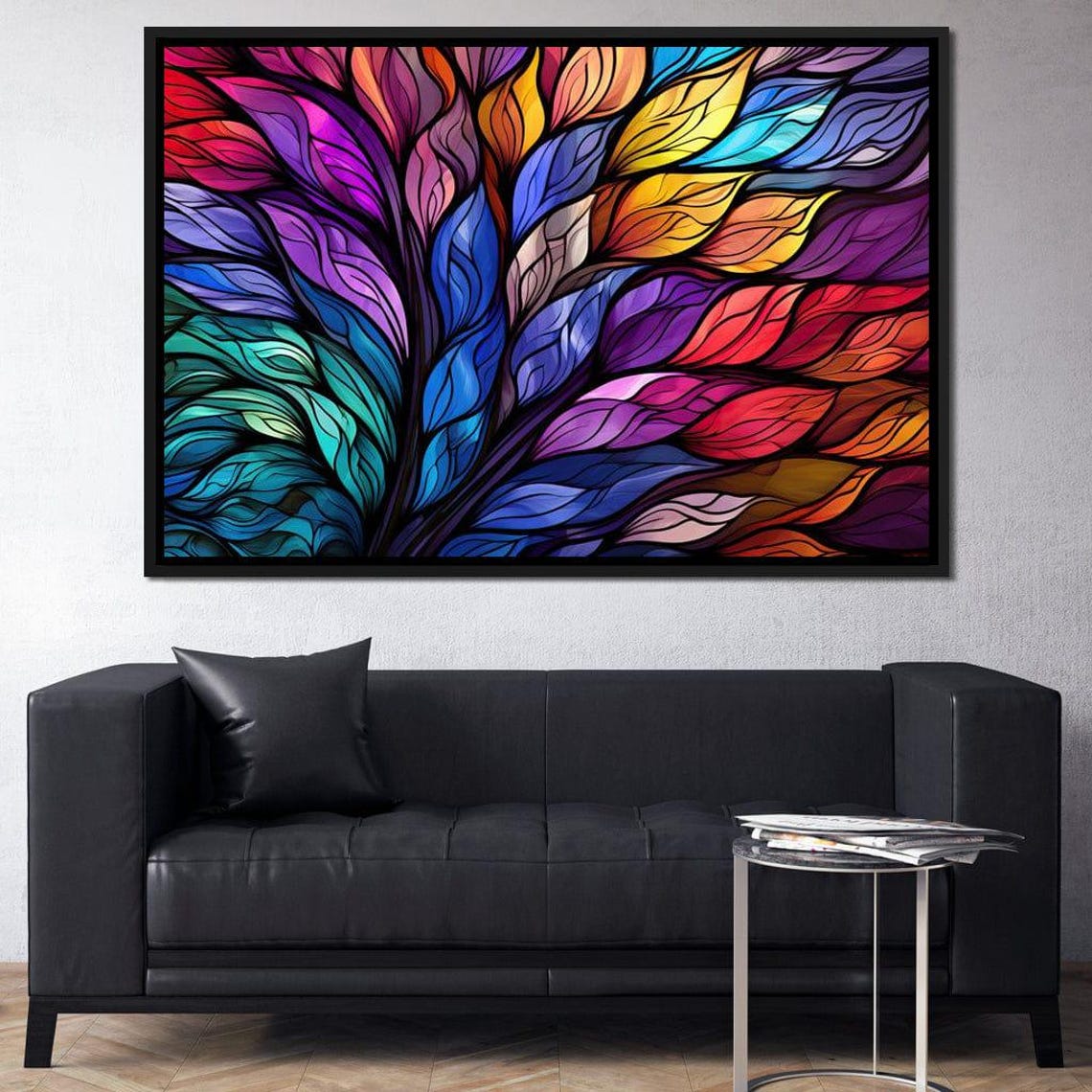 Stained Glass Rainbow Feather Leaves Five Panel Canvas Wall Art - Image 2