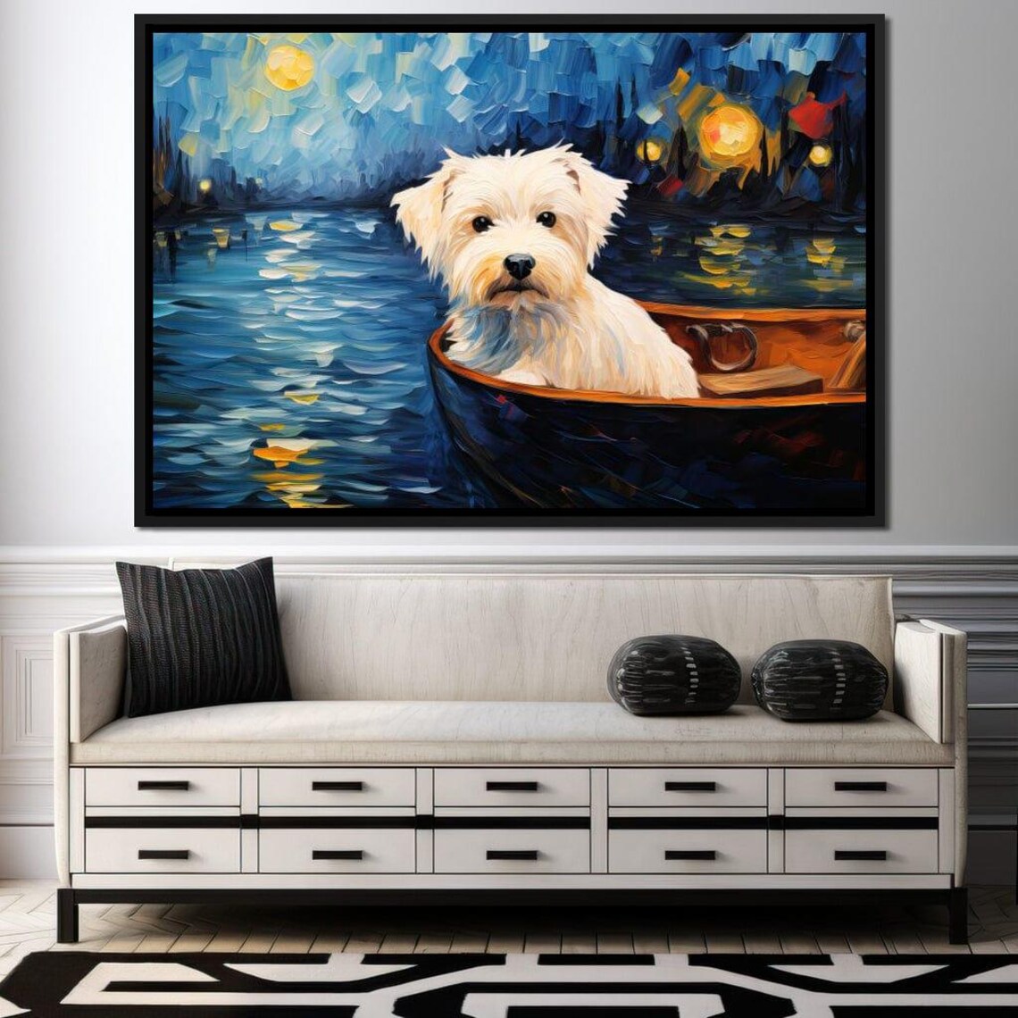 Cute White Terrier Dog Boat Night Lake Starry Sky Puppy Wall Art - Image 4