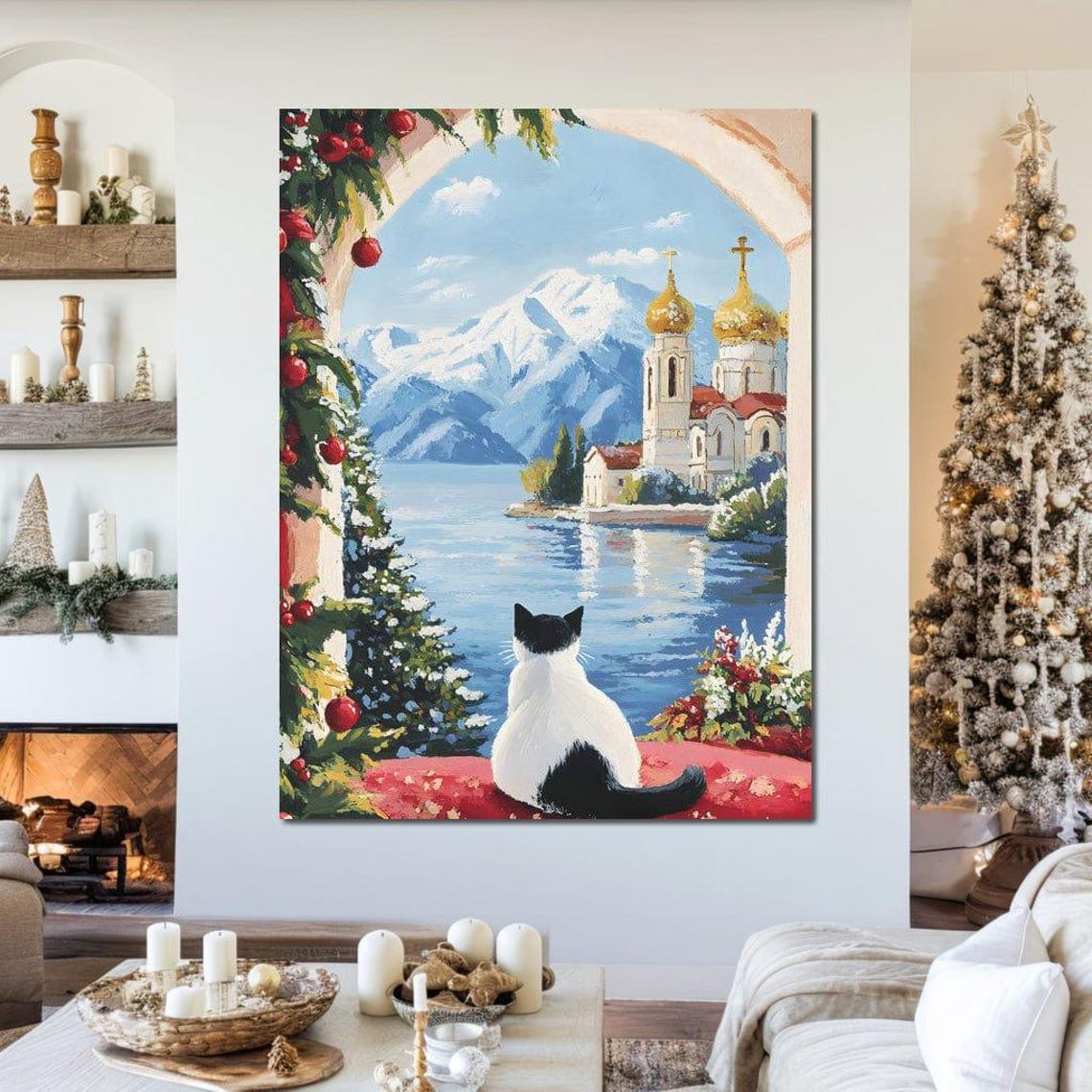 Cat Watching A Lake Chapel And Snowy Mountains Winter View Poster - Image 2