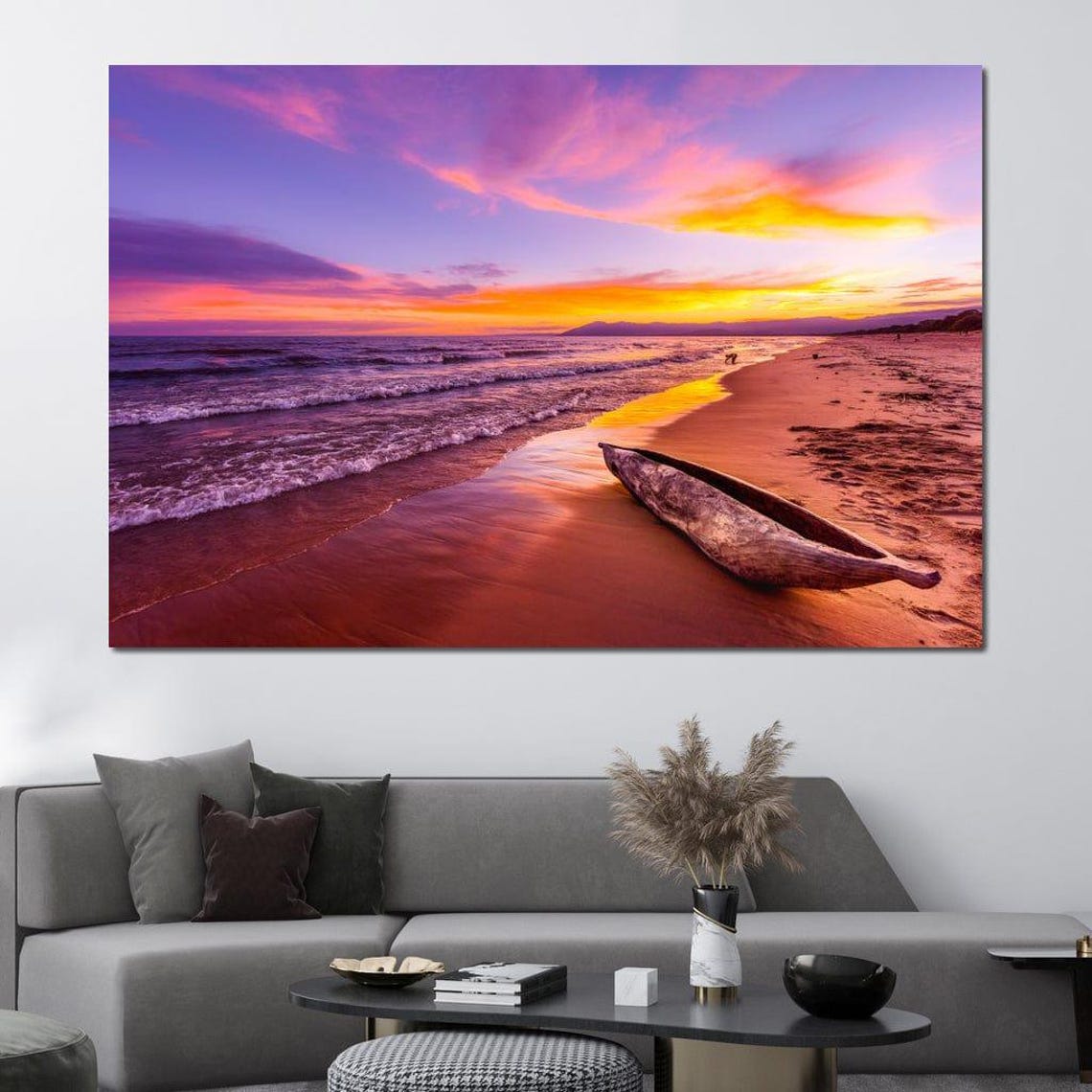 Lake Malawi Beach Sunset Purple Orange Sky Wooden Canoe Travel Poster - Image 3